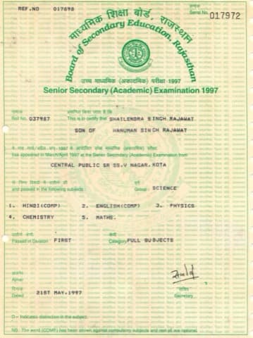 Class 10 Secondary School certificate — Shailendra Singh Rajawat