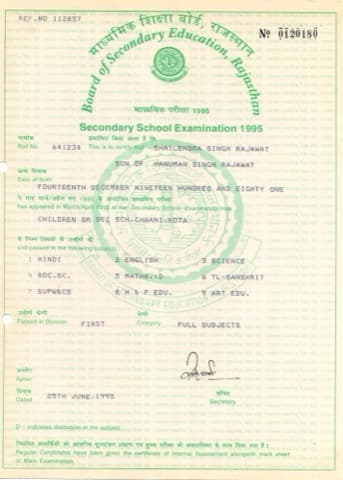 Class 12 Senior Secondary certificate — Shailendra Singh Rajawat