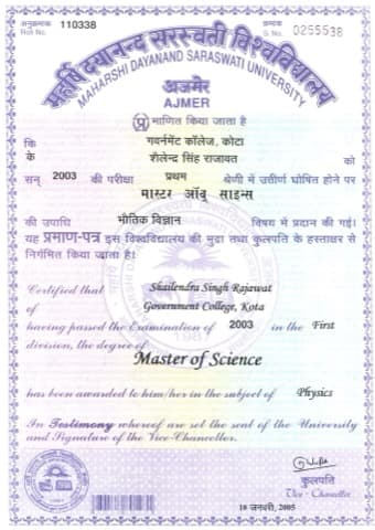 Post graduation degree certificate — Shailendra Singh Rajawat