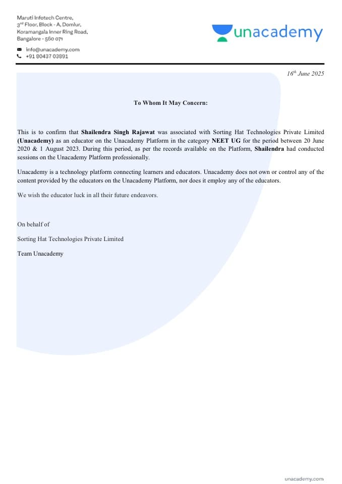 Unacademy work experience letter — Shailendra Singh Rajawat